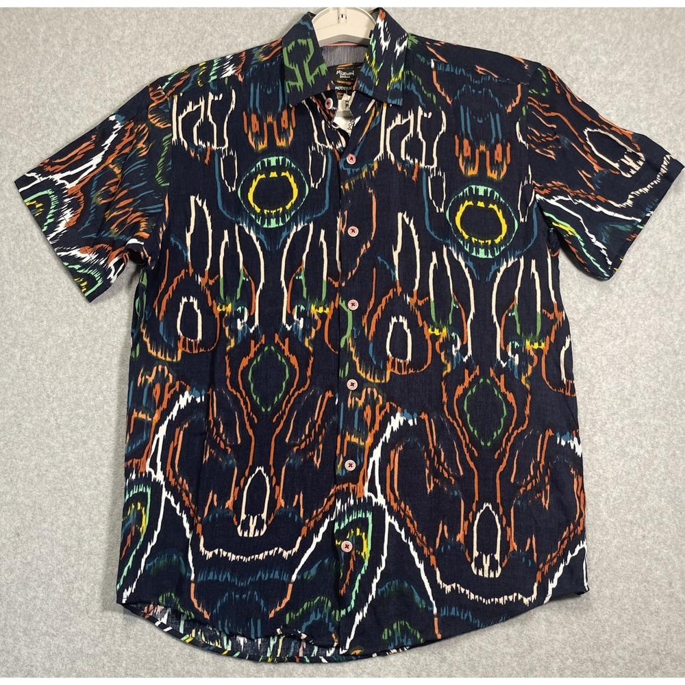 Mizumi Couture Mens S Modern Fit Abstract Design Short Sleeve Button Shirt